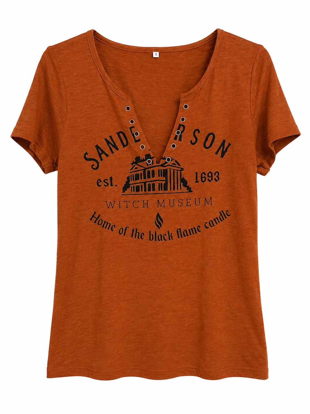 Sanderson Witch Museum Black Flame Candle Orange Grommet Tee Size S NWOT